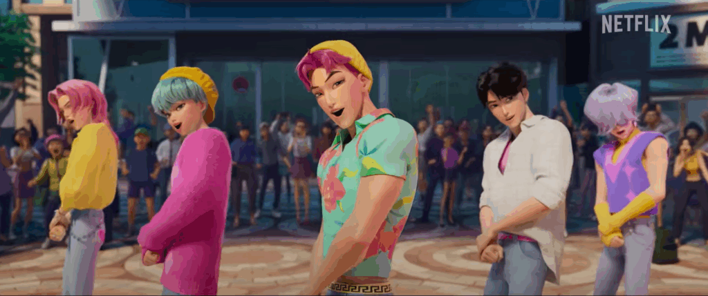 Screenshot from the KpopDemonHunters performance of "Soda Pop" by Lion Boyz. (Source: Netflix)