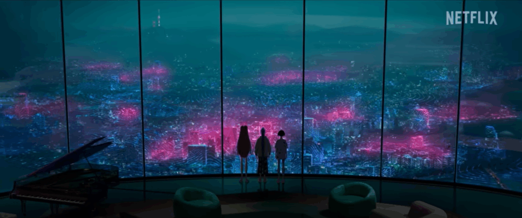 A screenshot from K-pop Demon Hunters showing the Seoul night view from the basecamp(Huntrix Tower). Caption: The view from Huntrix’s basecamp (Source: Netflix)